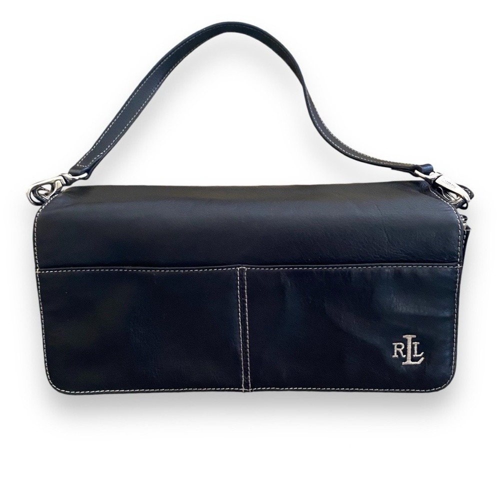 Y2K Ralph Lauren Multi Compartment Black Leather Flap Small Bag Vintage